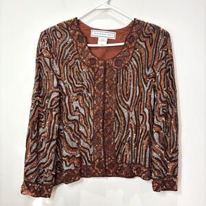 Vintage 100% Silk Sequin Beaded Jacket Women 10 Brown Animal Print Maximalist